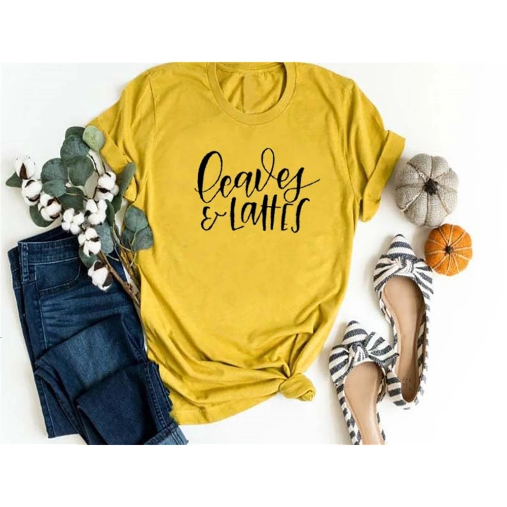 

Leaves and Lattes Graphic Printed New Arrival Women's Summer Funny T-Shirt fall tees Shirt TX5815