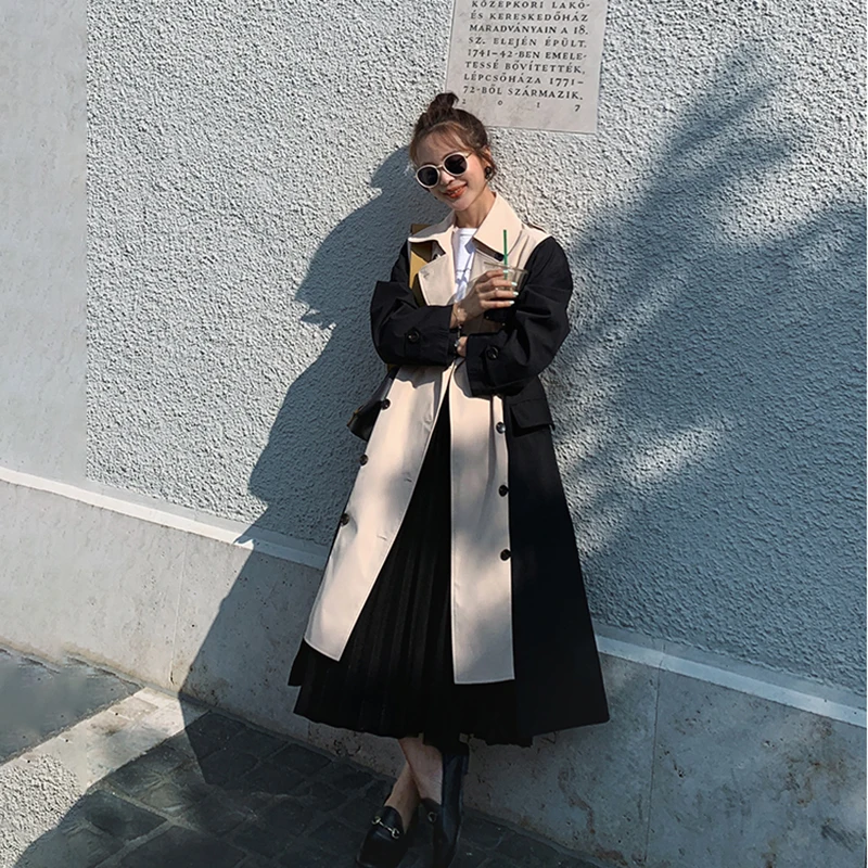 

Women's Windbreaker Coat Spring Autumn Long Waist Double-Breasted Stitching Retro Loose Plus Size Fashion 2021 New Jacket FY28