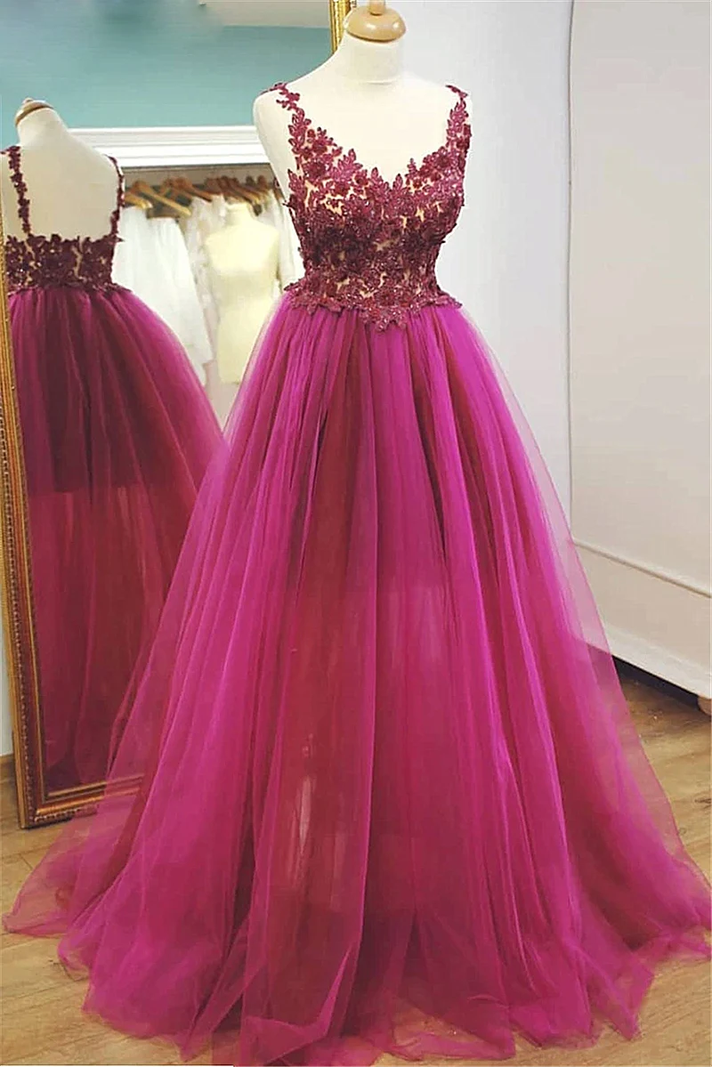 

Fuchsia Evening Dresses Spaghetti Strap V-neck Prom Dresses Backless Appliques Formal Dresses Robe De Soiree Evening Party Gowns