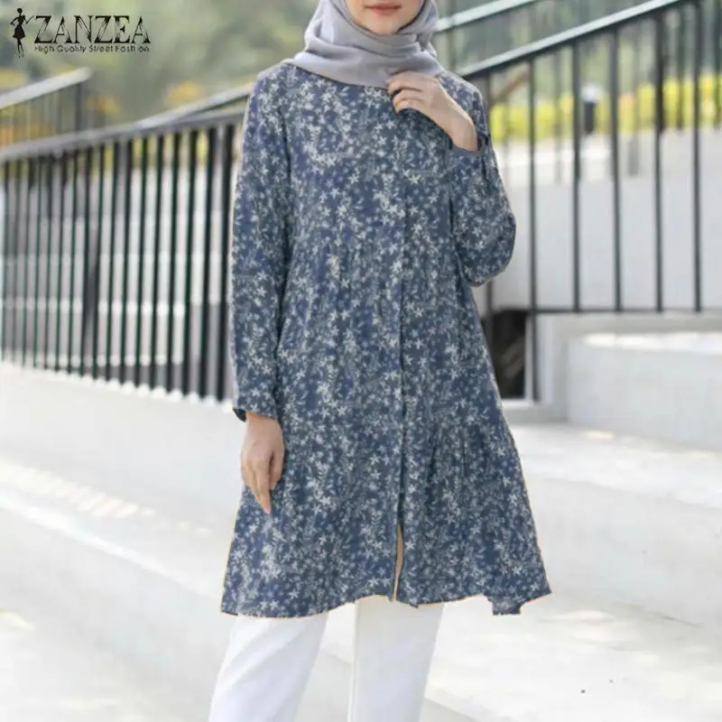 

Women Abaya Muslim Long Shirt ZANZEA Autumn Floral Printed Ruffle Hem Printed Blouse Kaftan Tunic Tops Vintage Blusas Chemise