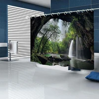 forest waterfall shower curtain for bathroom waterproof non slip bath mat set landscape toilet seat cover pedestal rug