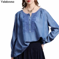 womens 2021 autumn new loose dark blue tops embroidered shirts ladies tees for female o neck pullovers vintate retro clothes