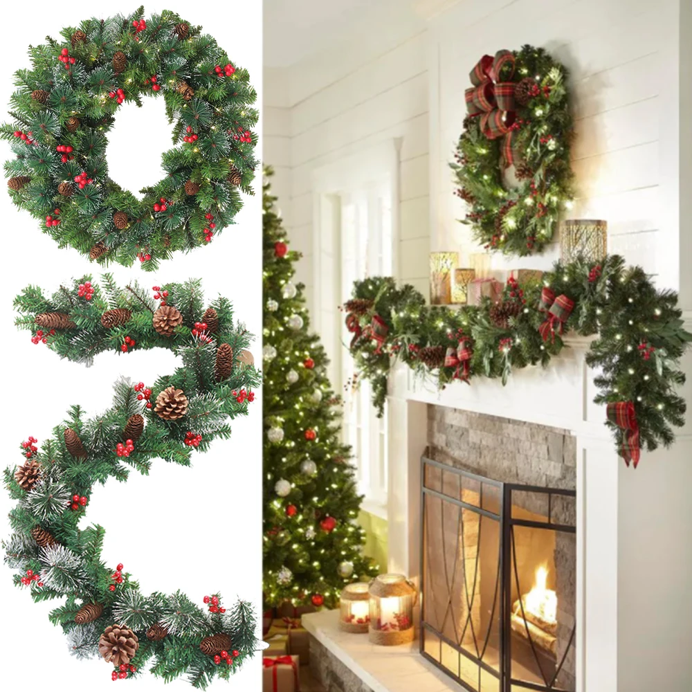 Christmas Green Wreaths Garland With 280Pcs LED Lights Pine Cones Rattan Lamp Rustic Christmas Decorations For Home Navidad 2022