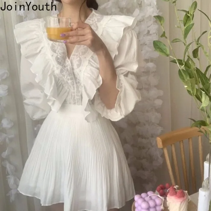 Joinyouth весна 2020 новые женские комплекты из 2 предметов блузка с оборками и v