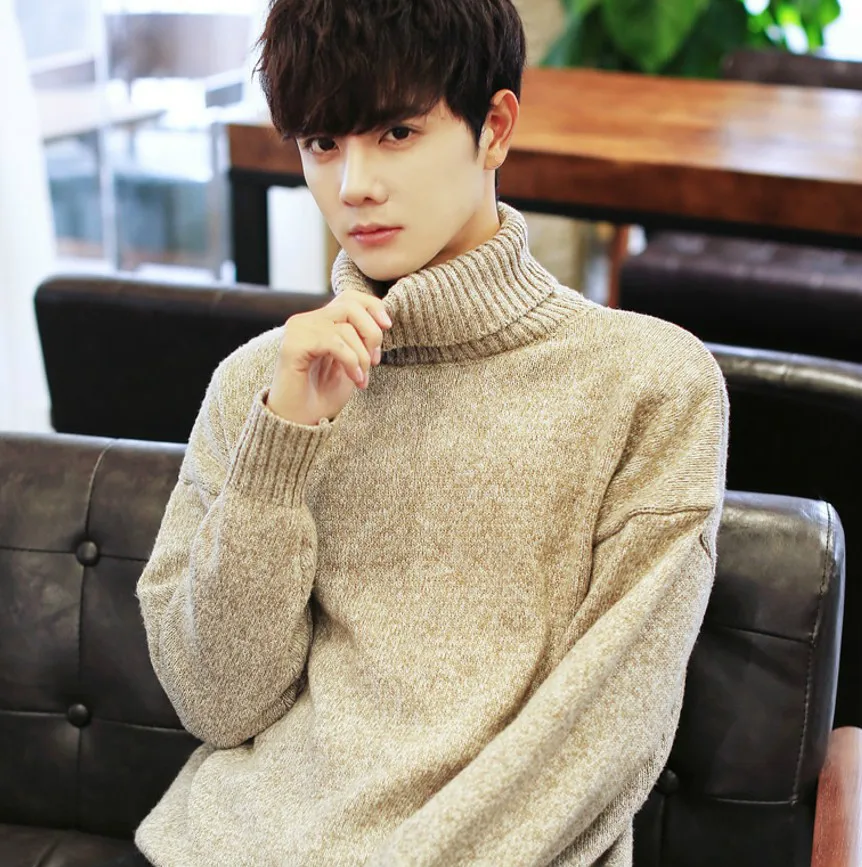 Полосатый зимний мужской свитер с высоким воротником толстый Корейский Свитер