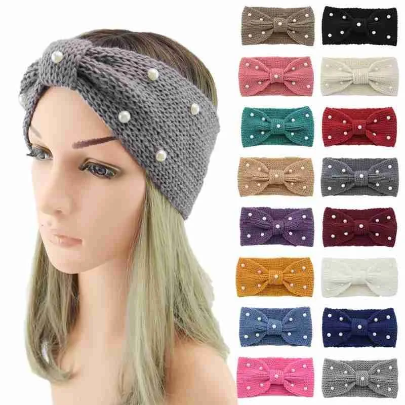 

Женская вязаная шерстяная повязка на голову с жемчугом, модная повседневная цветная мягкая эластичная повязка для волос с перекрещивающим...