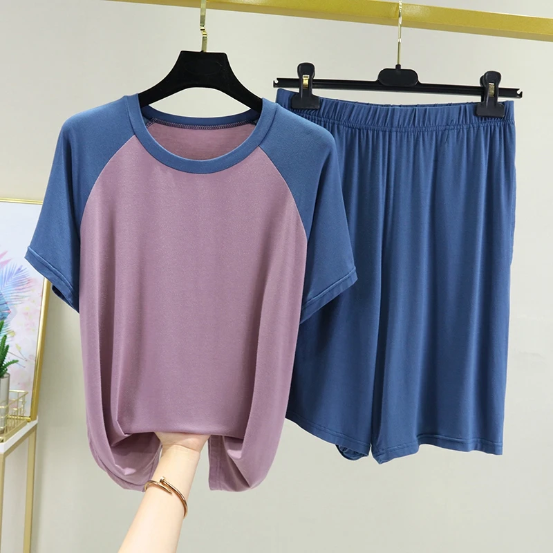 

Летние однотонные Лоскутные пижамные комплекты, женские пижамы, одежда для сна, ночная рубашка, тонкие шорты с коротким рукавом, домашняя од...