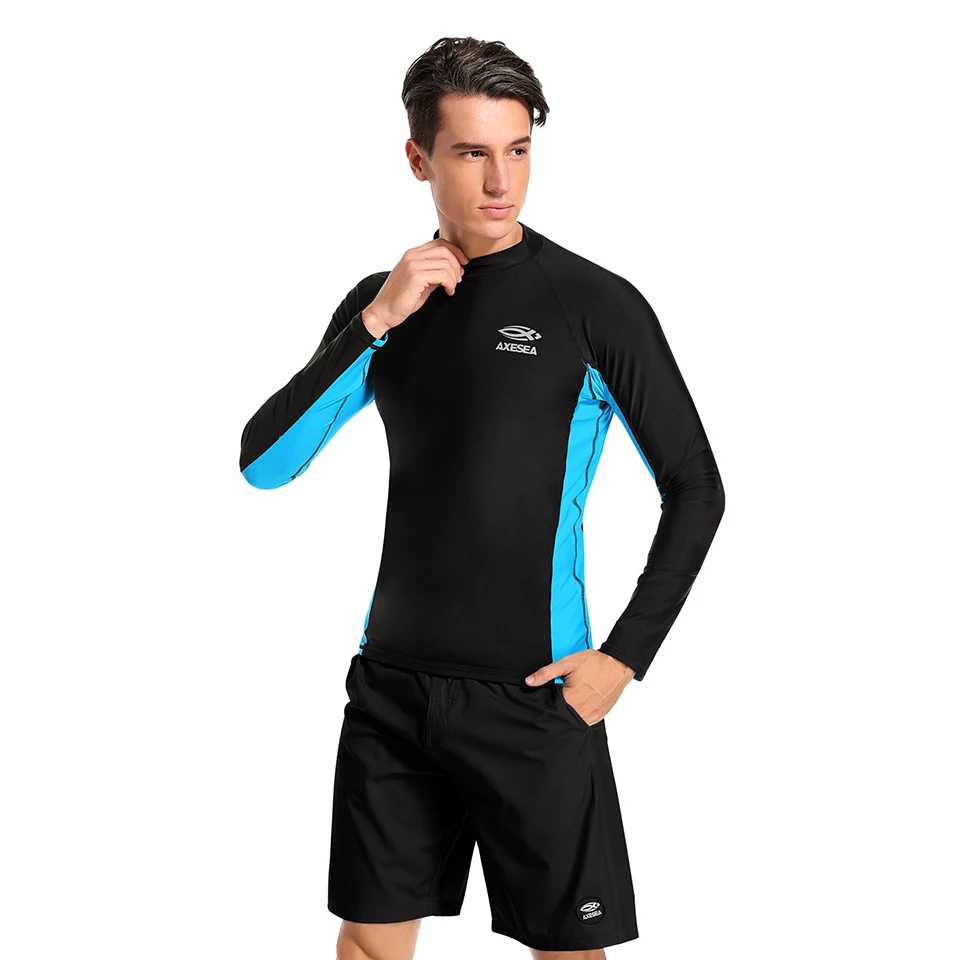 AXESEA Men Rash Guard Patchwork Swimwear Long Sleeve Rashguard Sun Protection Swimsuit Surfing Shirt Top UPF50+ Sport Beachwear
