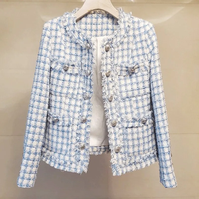 

ZAWFL Fashion Winter Streetwear Metal Buckle Double-breasted Collar Tip Buckle Tweed Woolen Blazer Coat Women
