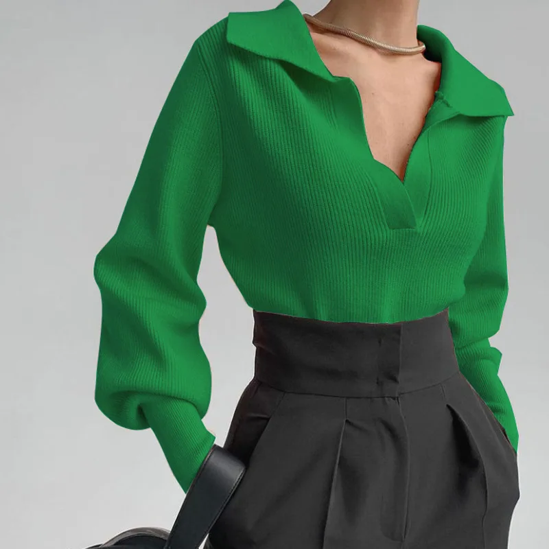 

Women Casual Ribbed Sweater Solid Color Turn-down Collar Long Lantern Sleeve Pullover Top Spring Autumn Fashion OL Clothes