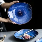 Домашняя керамическая обеденная тарелка в европейском стиле синяя глазурованная Салатница нестандартная посуда в западном стиле обеденная тарелка плоская тарелка