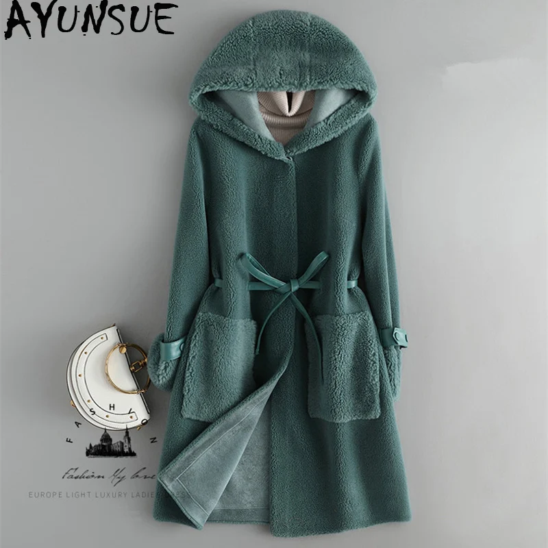 AYUNSUE пальто с натуральным мехом Женское шерстяное из овечьей шерсти зимняя
