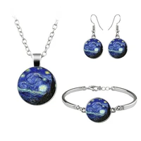 van gogh painting starry sky art photo jewelry set glass pendant necklace earring bracelet totally 4 pcs for women fashion gift