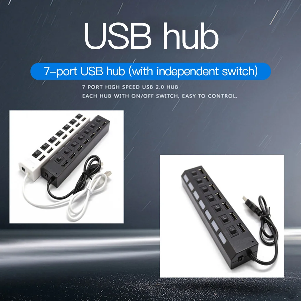 

7-портовый USB-адаптер, расширитель, компьютерный ноутбук, 480 мбит/с, USB 2,0 разветвитель с индивидуальными переключателями