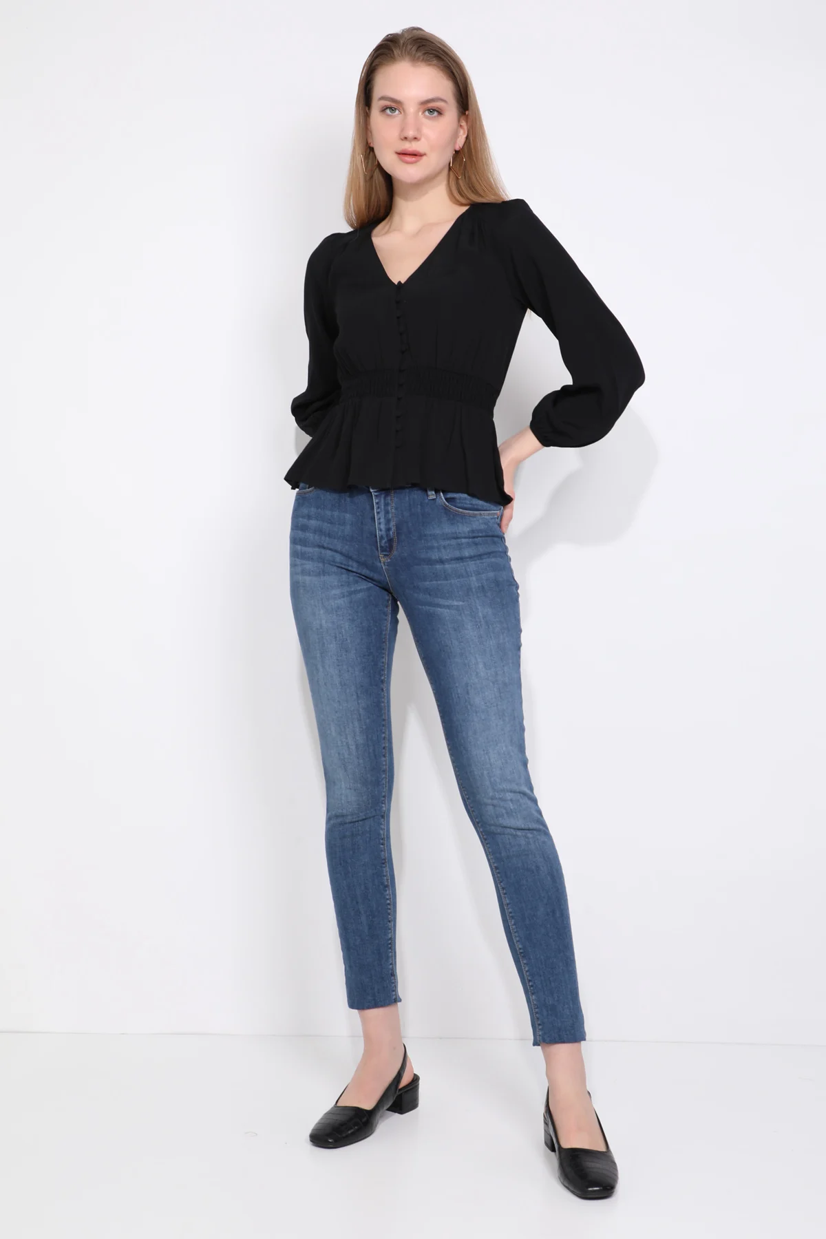 

Black Buttoned Belted Elastic Women Blouse