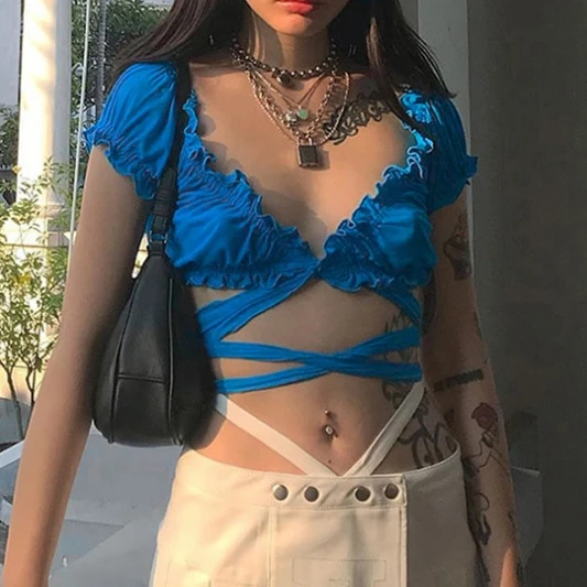 Женская футболка с перекрестными ремешками синие топы оборками и принтом