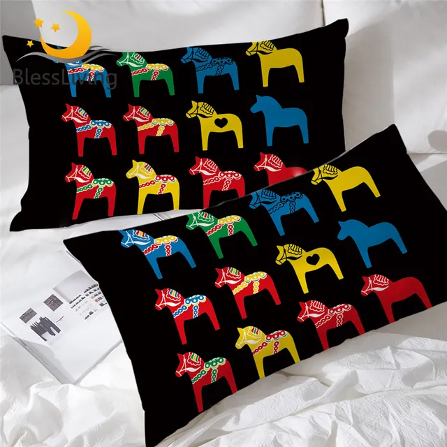 BlessLiving Ethnic Horse Pillowcase Colorful Animal Pillow Case for Kids Red Yellow Home Textiles Beautiful Pillow Cover 50×75cm 1