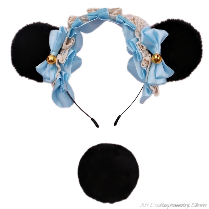 

Japanese Lolita Bear Ears Lace Bow Bell Headband with Round Plush Animal Tail Set Anime Kawaii Cosplay Costume A28 21 Dropship
