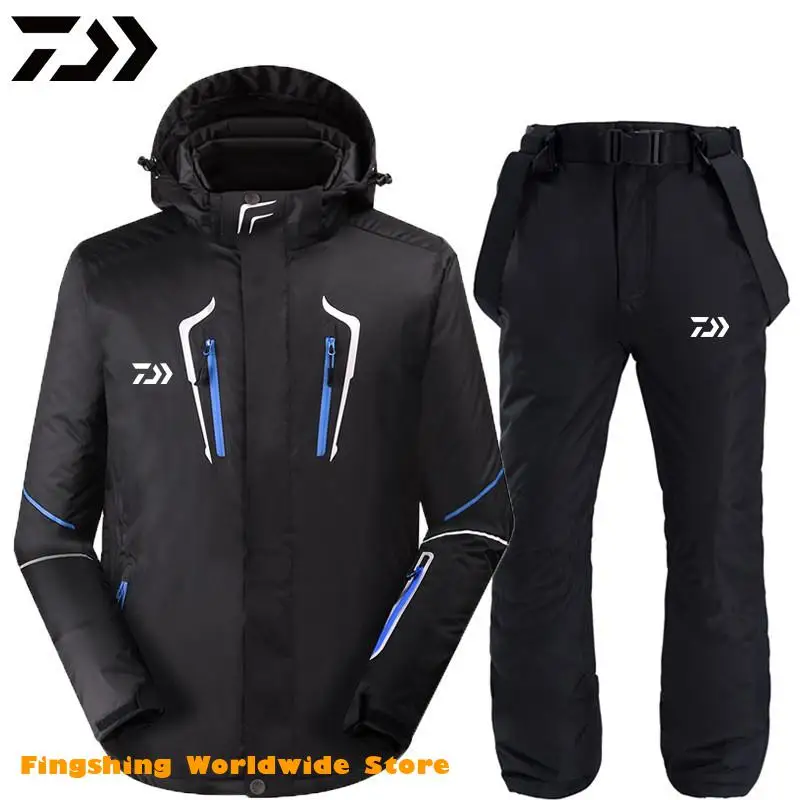 

men DAIWA Fishing Clothing Set Outdoor Snow Costume Winter Outdoor Sports Hooded Waterproof Fishing Jackets+pants Men Suit