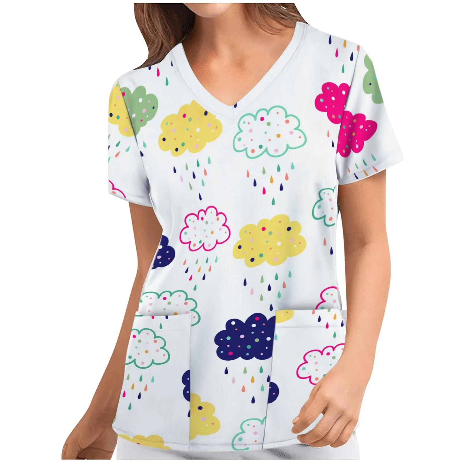 

Women Cartoon Pattern Tops Nursing Working Uniform Short Sleeve V-neck Health Services Beauty Salon Pet Scrubs Costume T-shirts