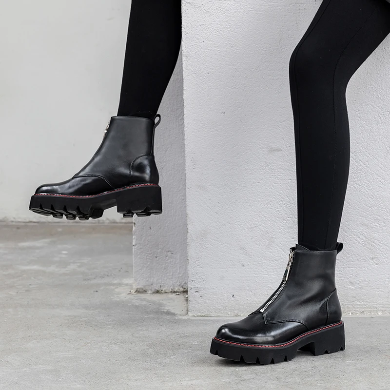 Женские ботинки; ботинки из натуральной кожи; черные ботинки Martens; женские ботильоны; мотоботы; зимняя обувь на платформе и толстом каблуке