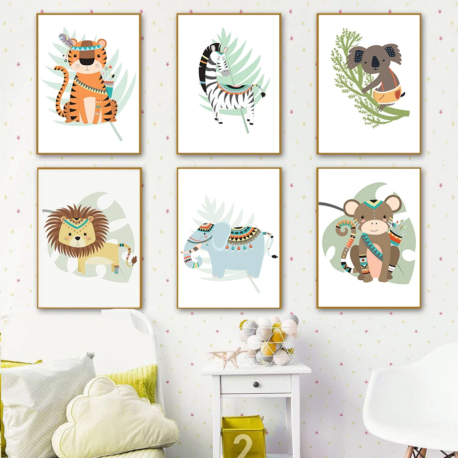 

Colored Zebra Lion Elephant Tiger Leaf Animal Wall Art Canvas Painting Nordic Posters And Prints Wall Pictures Kids Room Decor