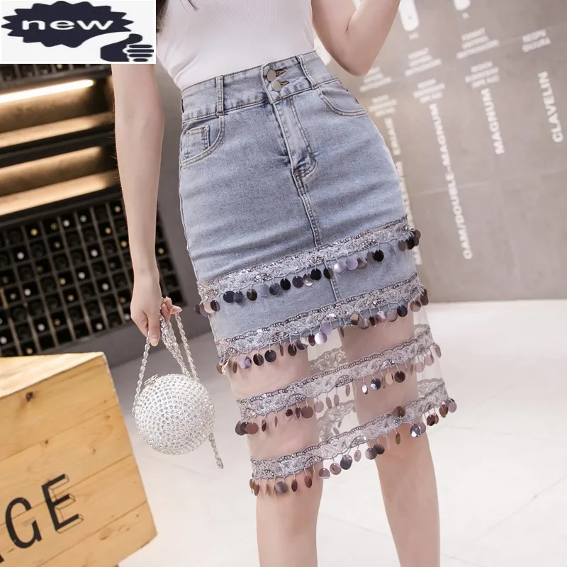 

Женская Облегающая джинсовая юбка, до колена, с блестками, с завышенной талией, летняя, сетчатая, в стиле пэчворк