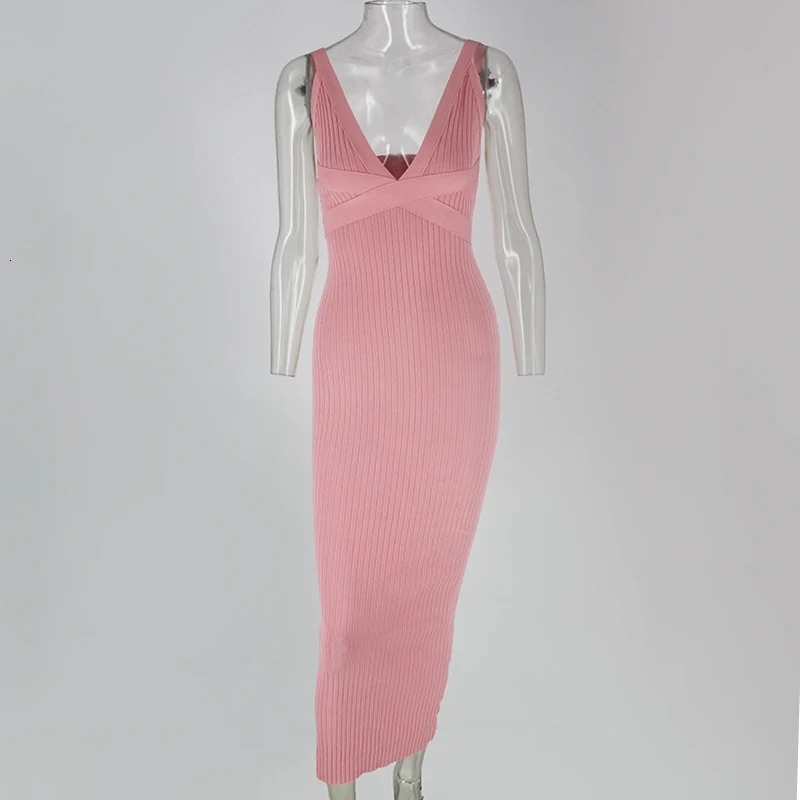 Женское облегающее платье в рубчик с v-образным вырезом и разрезом сзади Длинное