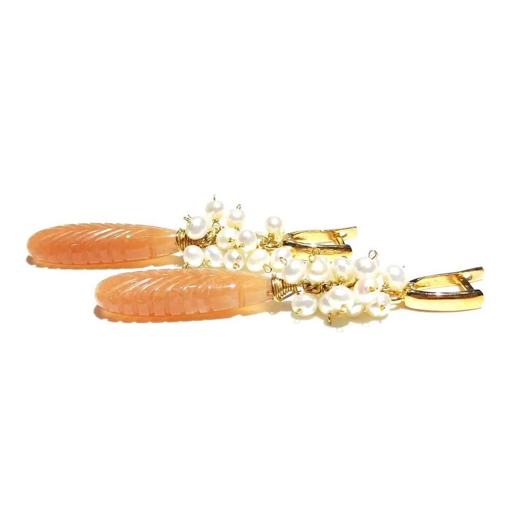 Lii Ji Dangle Earrings Tear Drop Sunstone Freshwater Pearl 925 Sterling Silver 18K Gold Plated Handmade Jewelry Long | Украшения и