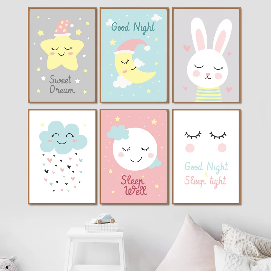 Мультфильм Звезда Луна облако кролик хорошая ночь стены Искусство Холст