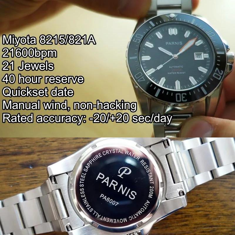44 мм Parnis механические часы Мужские автоматические Diver водонепроницаемые 200 м металлические механические часы сапфир Mirrow Miyota 8215 Move Мужские t