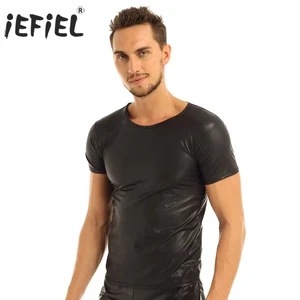 Мужская футболка iEFiEL, из искусственной кожи, с коротким рукавом, сексуальная, для геев, клубная одежда
