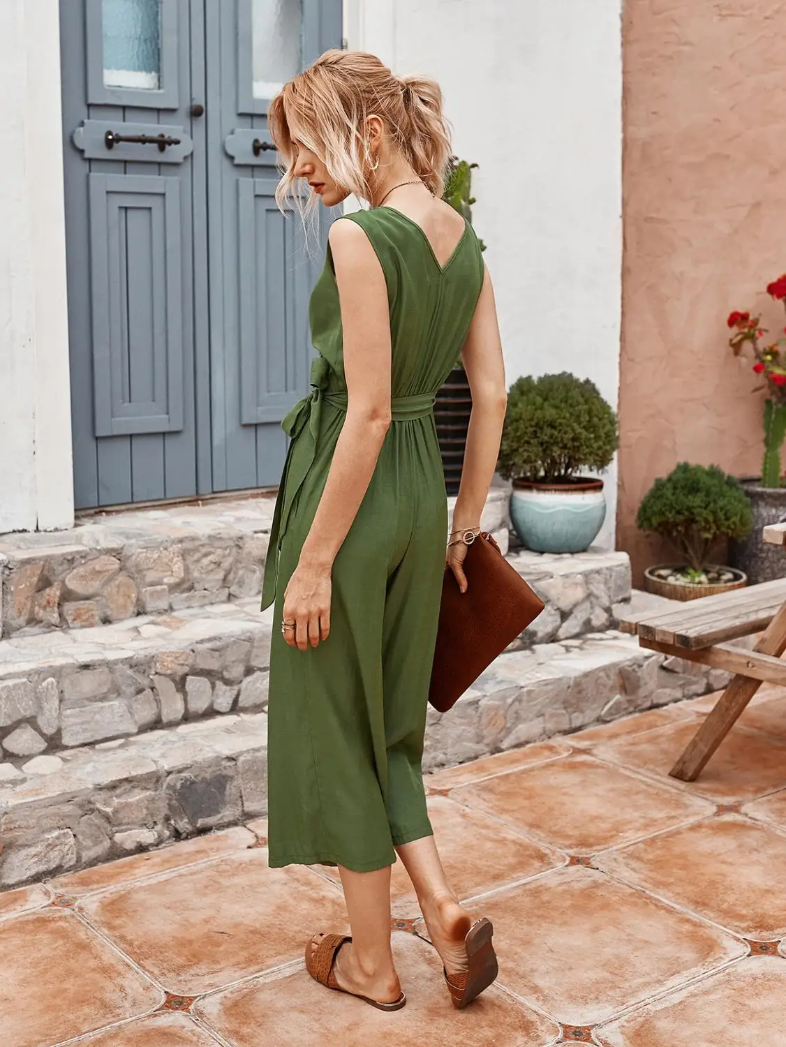 

Women Sexy V-neck Sleeveless Backless Sashes Jumpsuits Summer New Solid Casual Slim Elegant Office Wide Leg Ankle-Length Overall