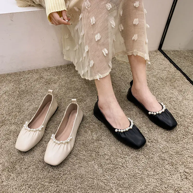 

Flat single shoes for women's spring and summer, celebrity pearl spoon shoes, shallow lips, soft soles, beans shoes