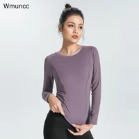 wmuncc elastic sexy slim fitness clothes womens tight quick drying running t shirt yoga round neck long sleeve top