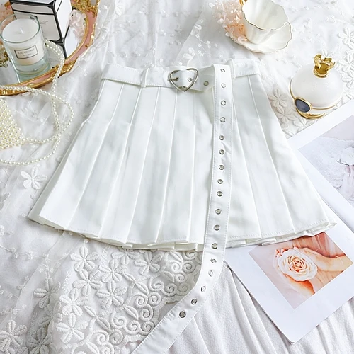Белый New Summer Women Pleated Skirt High Waisted Heart Shape Sashes Women Pleated Short Skirt High Quality - Цвет: Белый