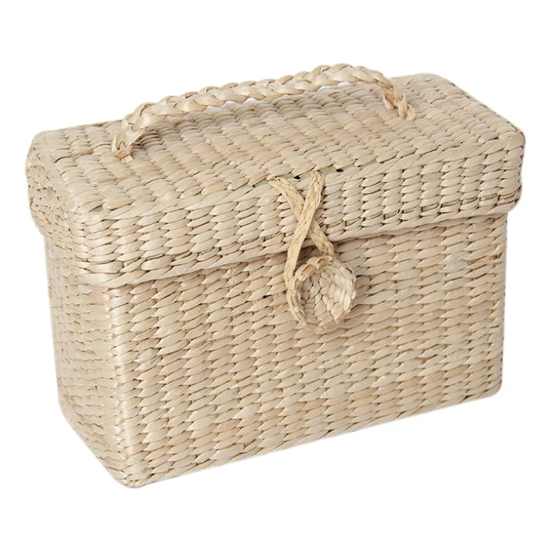 

Handmade Rattan Small Storage Box with Lid for Bulk Sundries Organizer Vintage Straw Basket Jewelry Case Container