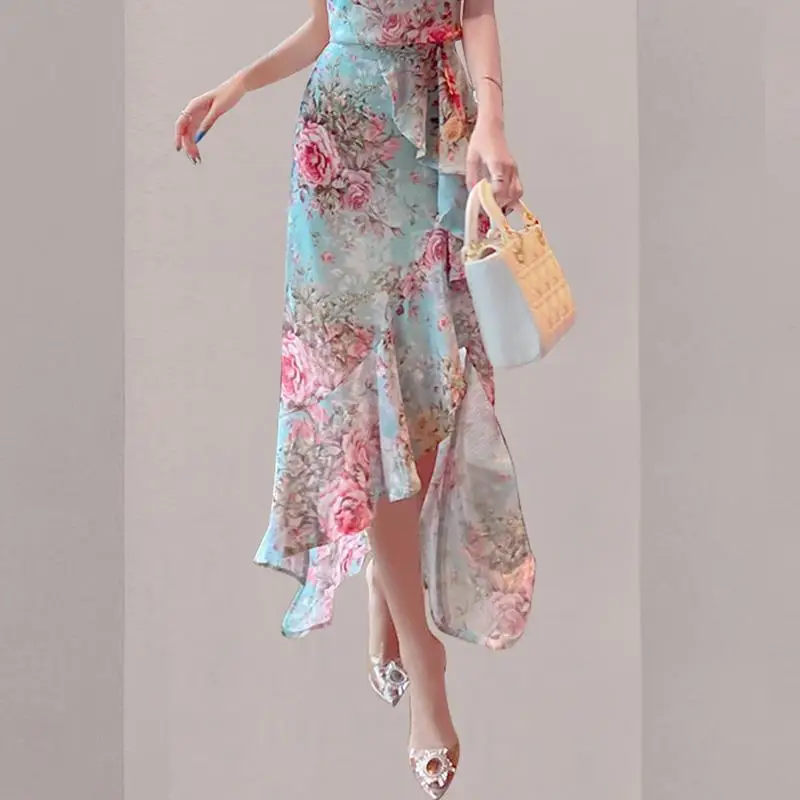 

Foreign style fashion age reduction temperament cheongsam Outfits 2021 summer new women's chiffon fishtail skirt two-piece set