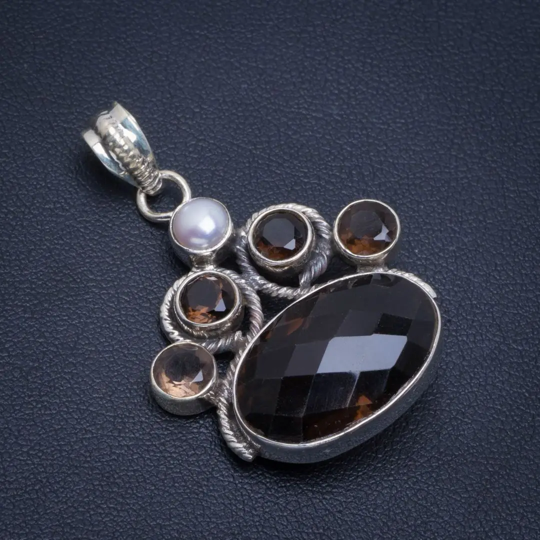 Природный дымчатый кварц и речной жемчуг ручной работы уникальный 925 пробы