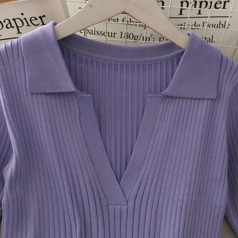 

2021 Women Summer Knitted Dress Solid color Turndown collar Slim Basic Bodycon Dress Short Sleeve Mini Sweater Dresses