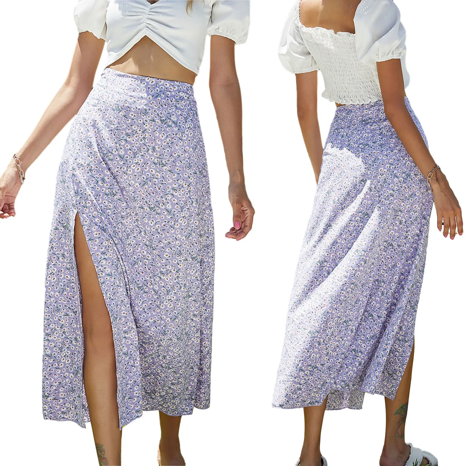 

2021 New Womens Summer Casual Mid-length Skirt Fashion Floral High-waist Split A-line Skirt Fashion All-match