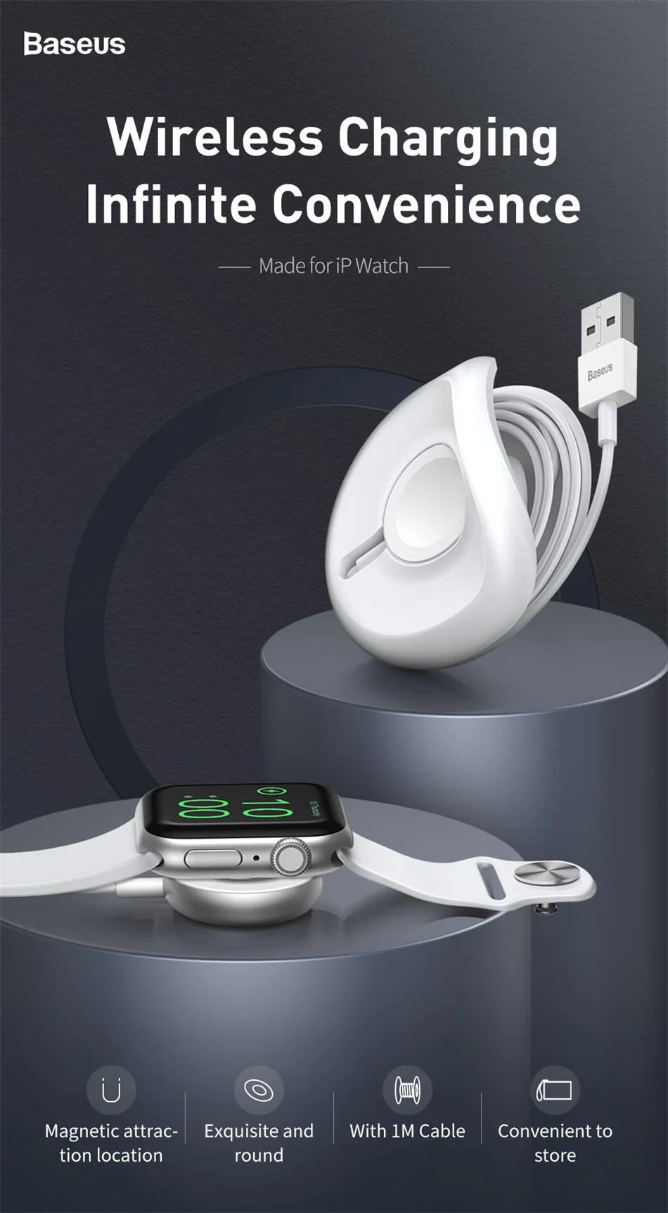 Baseus круглое Беспроводное зарядное устройство для iPhone Watch 4 3 2 1 QI Беспроводное зарядное устройство для Apple Watch Беспроводная зарядка с 1 Измерительный usb-кабель