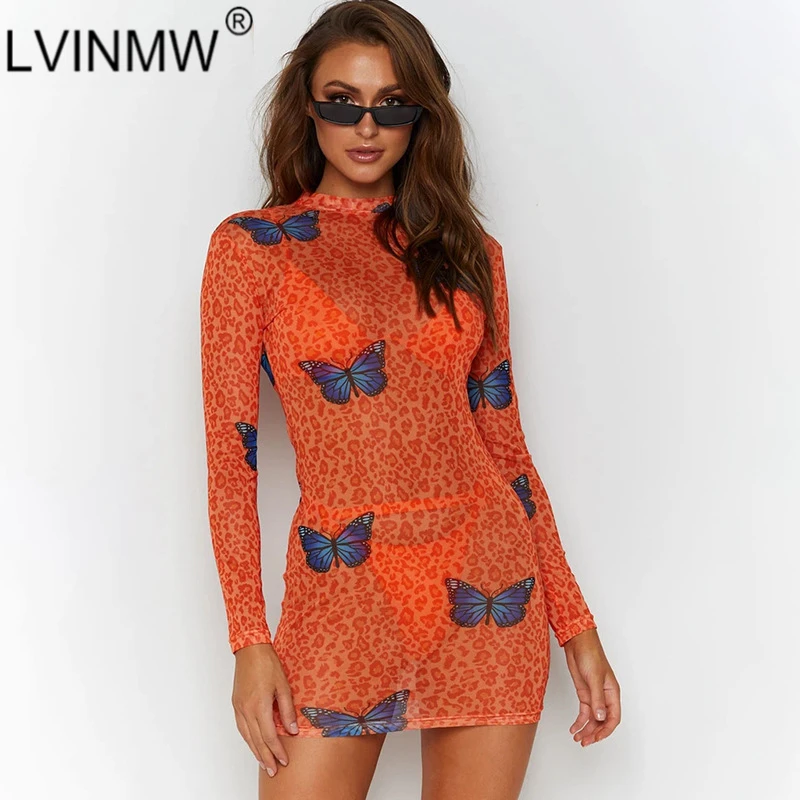 LVINMW 2020 оранжевого цвета Сетчатое платье с принтом бабочки Воротник стойка мини