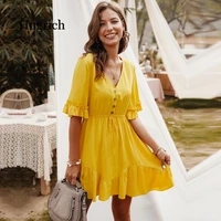2021 new elegant solid v neck spring summer dress lace up button ruffles sleeve a line mini dress pink yellow