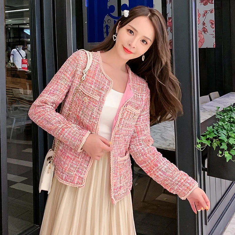 

2021 New Women Pink Tweed Jacket Coat Runway Autumn Winter Single Breasted Weave Female Fashion Vintage Outerwear