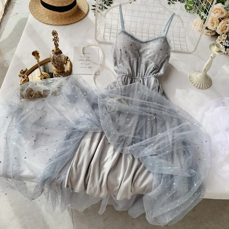 Летнее женское платье принцессы со звездами и блестками элегантное с подкладом