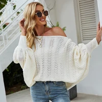 solid oversized loose slash neck long batwing sleeve women sweater pullover hollow out street wear autumn female tops clothing