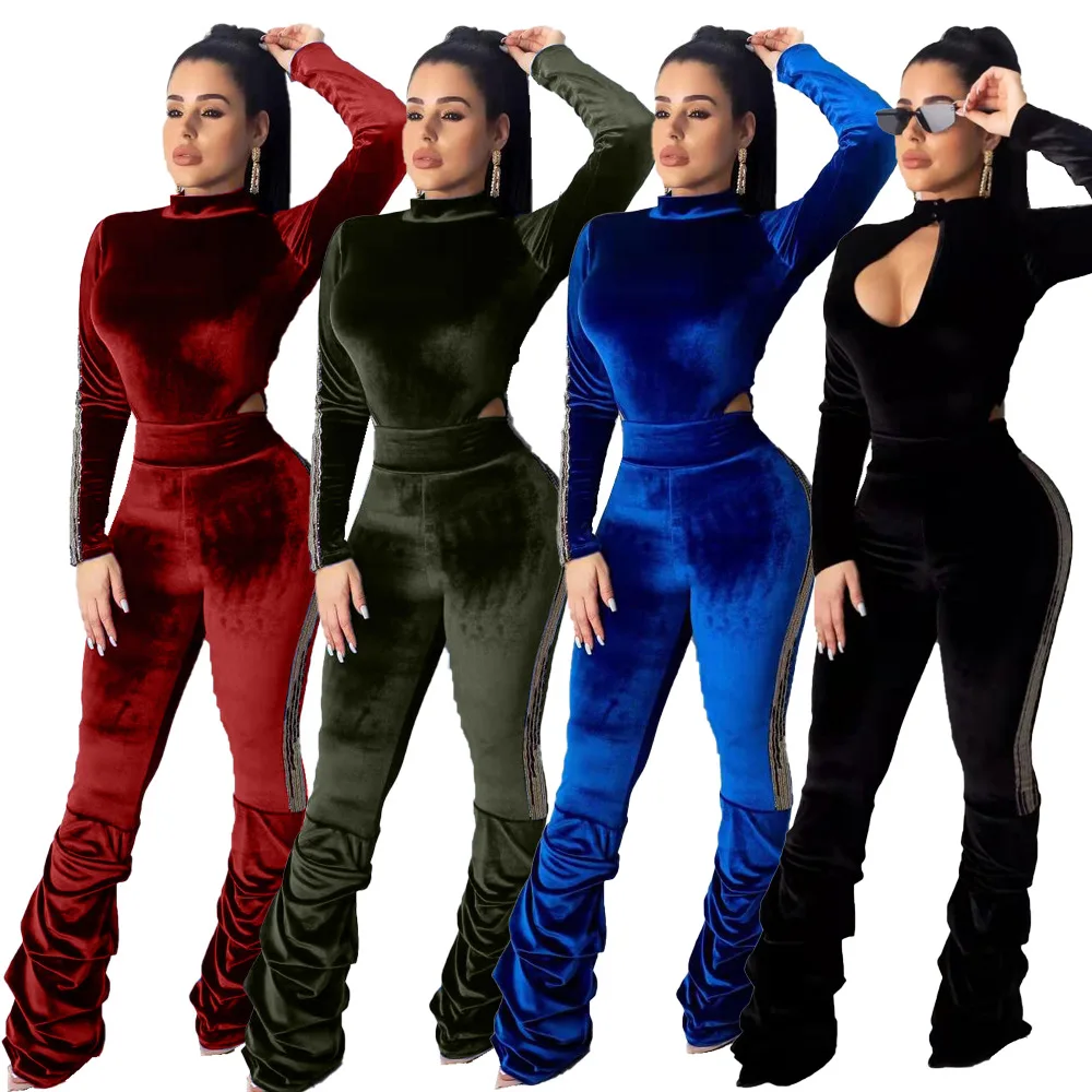 Velvet Tracksuit Warm Two Piece Set Sexy Long Sleeve Cut Out Bodysuit + Pencil Pants Matching Outfit 2019 Autumn Outfits |