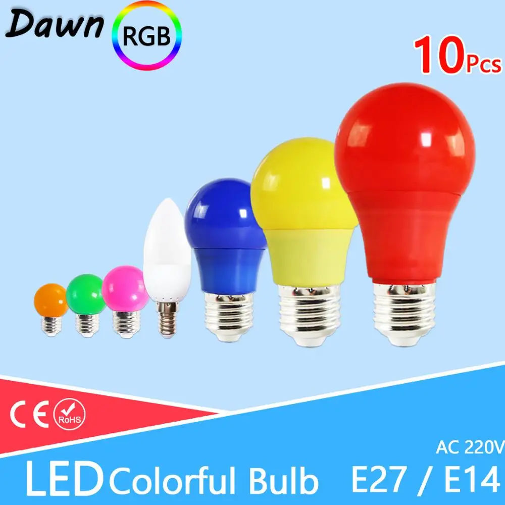10 шт. светодиодный светильник E27 E14 3 Вт 5 7 Светодиодный RGB A60 A50 G45 C35 цветной SMD 2835 AC 220