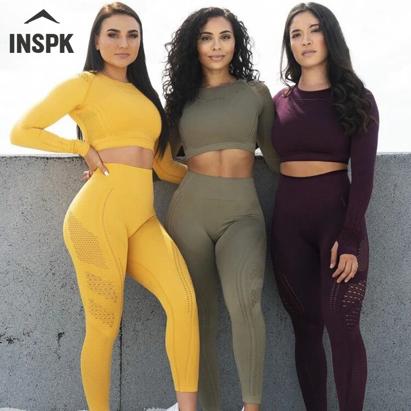 Женский спортивный костюм с длинным рукавом укороченный топ для фитнеса +